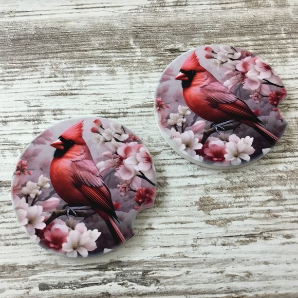 Male Cardinal with Flowers Car Coasters - Set of 2 - Picture 6 of 7